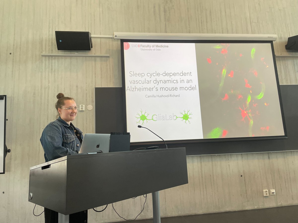 One of Glialab's super talented medical students <a href="/CamillaHushovdR/">Camilla Hushovd-Richard</a> doing a super good job presenting her exciting project at the institute on sleep-specific vascular dynamics in Alzheimer's Disease mouse model!