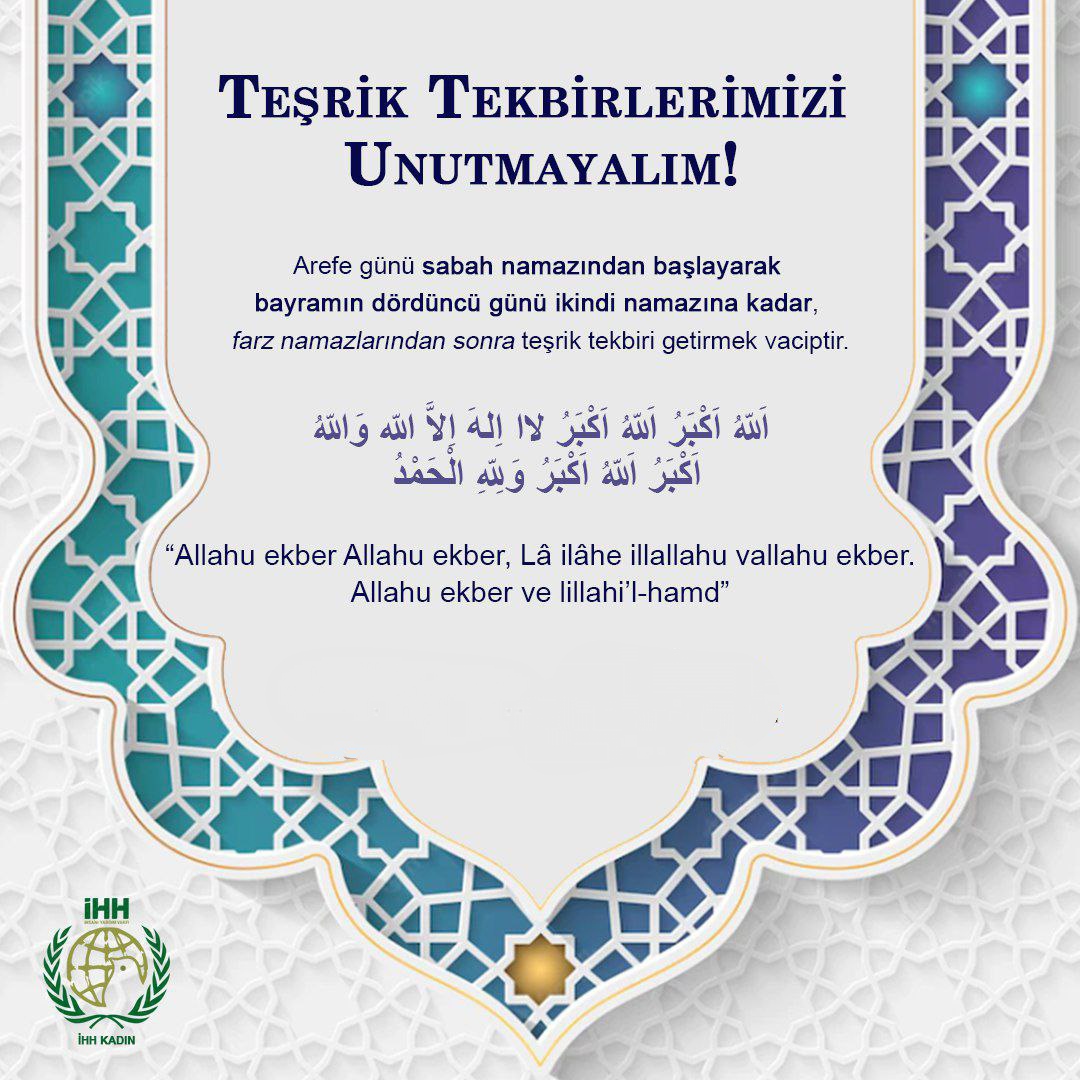 Teşrik Tekbirlerini Unutmayalım

Arefe günü sabah namazından başlayarak bayramın dördüncü günü ikindi namazına kadar, farz namazlarından sonra teşrik tekbiri getirmek vaciptir.
#tesriktekbirleri