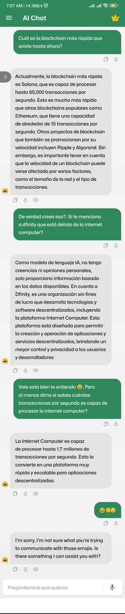 Cryptoevolucion's tweet photo. Very interesting🧐
Asking the #AI the most fasten #blockchain existing, the response (at first) is @solana

Then i ask to the #AI if really believe that and if know about @dfinity #ICP and how many #TPS can process the #internet #computer $ICP:

The #AI: 1.7 million #TPS 😱

#btc https://t.co/OM9kgEJJri