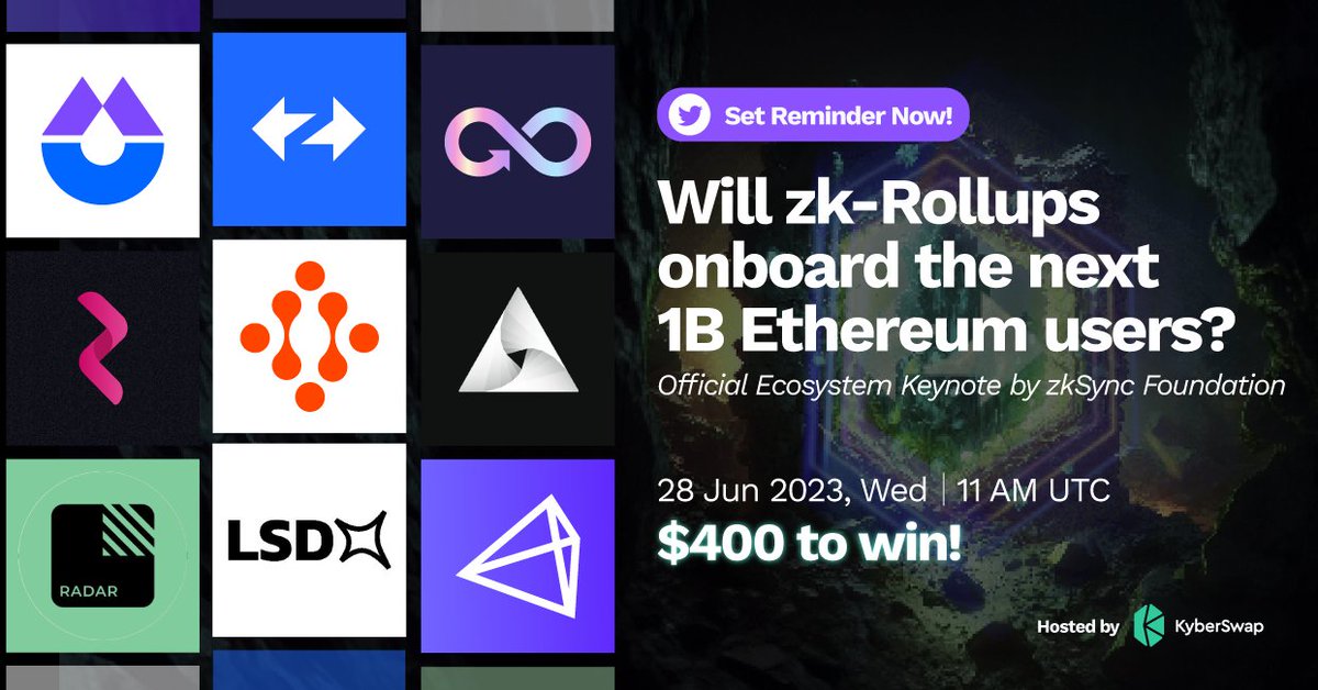1/5
🎙Kybertalks | Will ZK-rollups onboard the next 1B Ethereum users?
Why ZK-rollups? What is their potential and how do they empower users?
Join our panel of experts as we delve into the power of ZK & gain insights into the zkSync ecosystem amidst current market conditions.