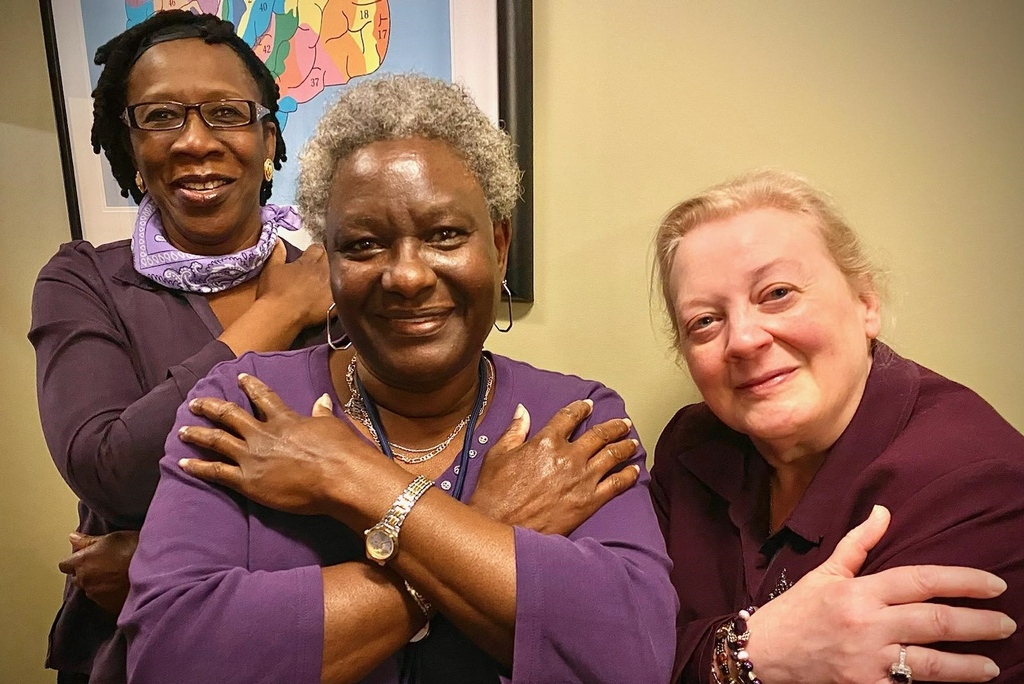 'This is me, Karen Wood & my coworkers at @MassGeneralNews in #Boston #Massachusetts. I work in #Neuroradiology & my colleagues Olga Fenton (middle) works in Interventional #Radiology & Janice Carter (right) works in Neuroradiology also. We #EmbraceEquity.' Thanks Karen💜#Harvard