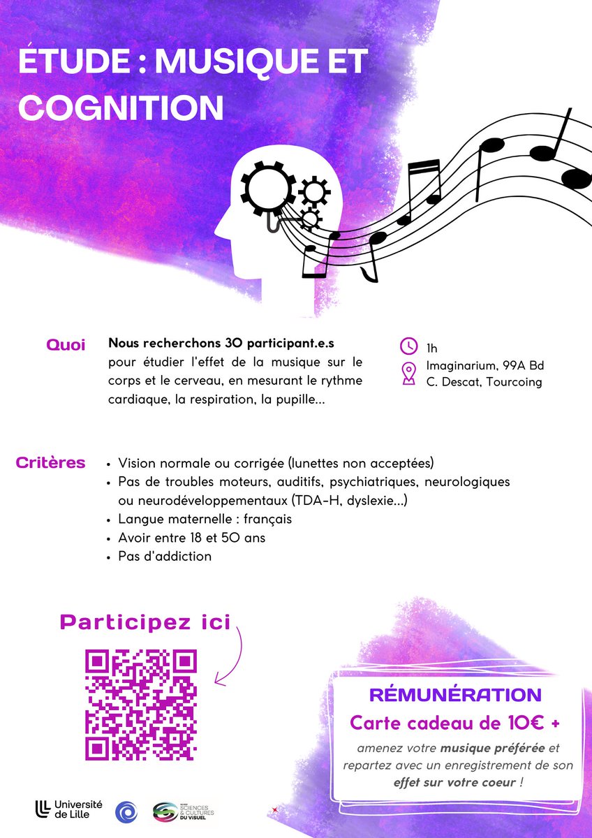 TeamREBOOT_expe's tweet image. Music sounds better with you 🎵
Tu as envie de découvrir quel effet ta musique préférée a sur ton coeur ? Gagner une carte cadeau de 10€ ? Aider la recherche en psychologie ? 

Cette étude est pour toi ! 
⏰ 1 heure
📍Imaginarium, Tourcoing 

Inscription:
calendar.google.com/calendar/u/0/a…