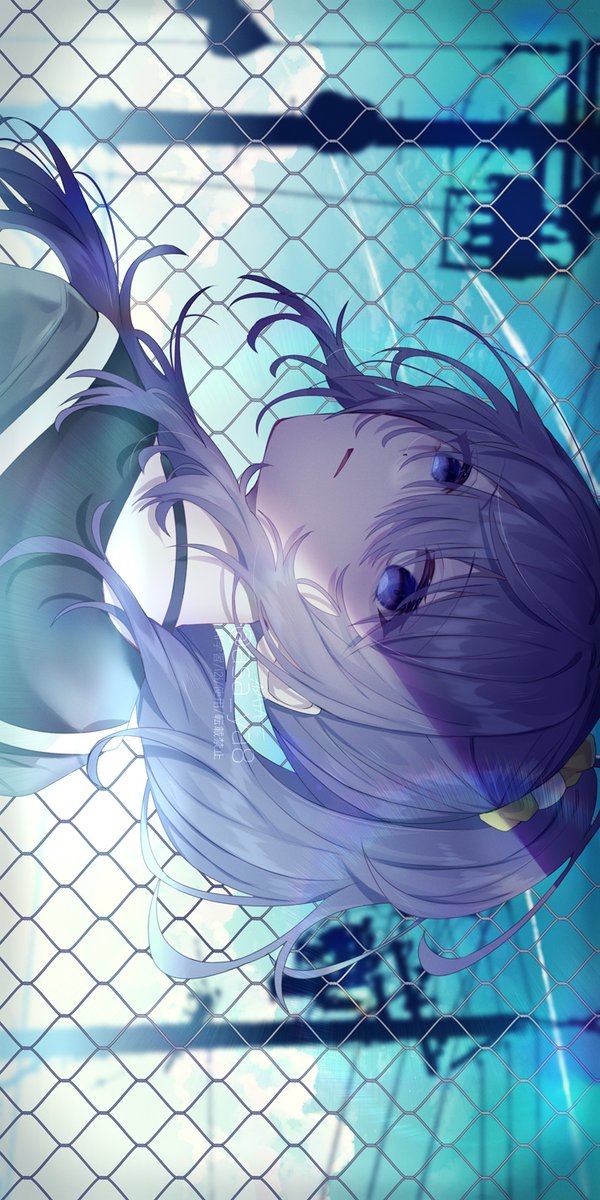 1girl chain-link fence solo fence looking at viewer purple hair outdoors  illustration images