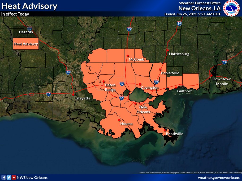 NWSNewOrleans's tweet photo. A Heat Advisory is in effect today from 11am to 7pm, an Excessive Heat Watch will be in effect tomorrow from 10am to 8pm. Heat indices are forecast to be in the 106-112F range today and in the 113-119F range Tuesday🫠 Stay hydrated and limit outdoor time if you can!  #lawx #mswx https://t.co/u2G9BExl1V