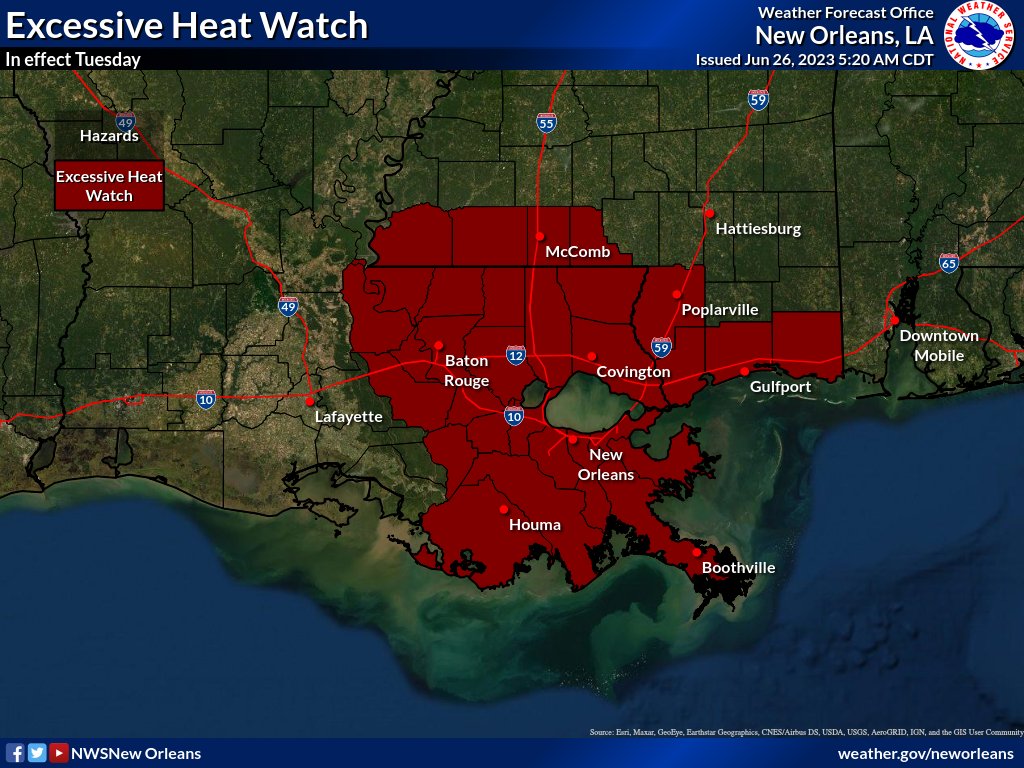 A Heat Advisory is in effect today from 11am to 7pm, an Excessive Heat Watch will be in effect tomorrow from 10am to 8pm. Heat indices are forecast to be in the 106-112F range today and in the 113-119F range Tuesday🫠 Stay hydrated and limit outdoor time if you can!  #lawx #mswx