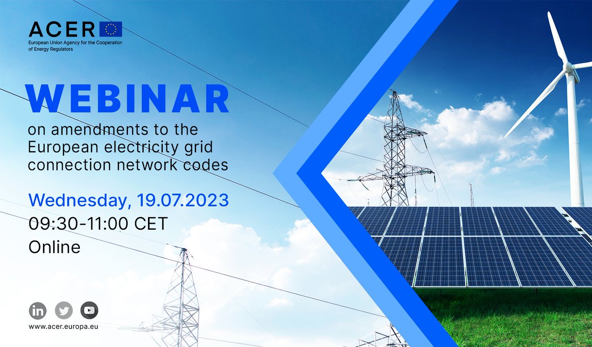 ⚡️ACER #webinar on amendments of #European #electricity #GridConnection #NetworkCodes (GC NCs).

📅19 July at 09:30 CET
#Register now📝 acer.europa.eu/public-events/…