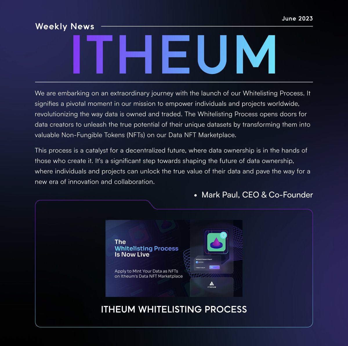 Last Week in #Itheum 🌎

The Whitelisting Process for minting #DataNFTs on Itheum's Data NFT Marketplace opened on June 23rd 📣

Web3 #Playstation Gamer Passport Concept: Itheum's pitch at the Sony + Astar Accelerator Demo Day was released on YouTube ▶️