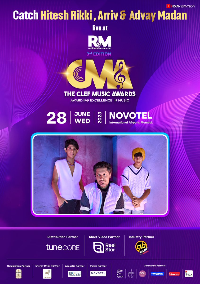 Catch @HiteshMadanHRM , Arriv Madan, Advay Madan Live at The Clef Music Awards 2023! @radioandmusic 

Date: 28 June 2023
Venue: Novotel International Airport, Mumbai

For More Info: radioandmusic.com/clefmusicaward…

#CMA2023 #ClefMusicAwards2023 #liveperformance