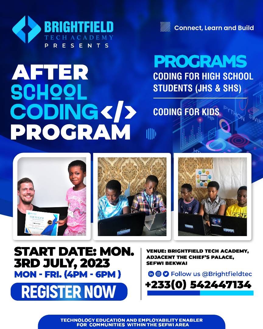 We are happy to bring back our After School Coding Program with our tech fellows; Richmond Gyening and  Francis Andoh as co-facilitators. We encourage schoolers in Primary, JHS, and SHS to join us and explore #coding with us.

#TechInSefwi 
#CodingForKids 
#CodingForTeens