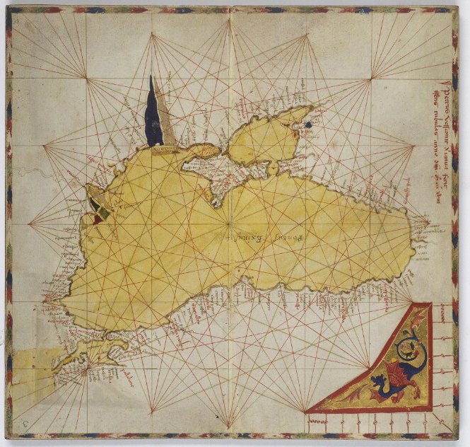 Nautical chart of the Black Sea (1318) by the Genoese cartographer Pietro Vesconte 
Österreichische Nationalbibliothek

During this period, the Genoese had numerous colonies and trade posts from Galata (next to Constantinople) to the Black Sea.