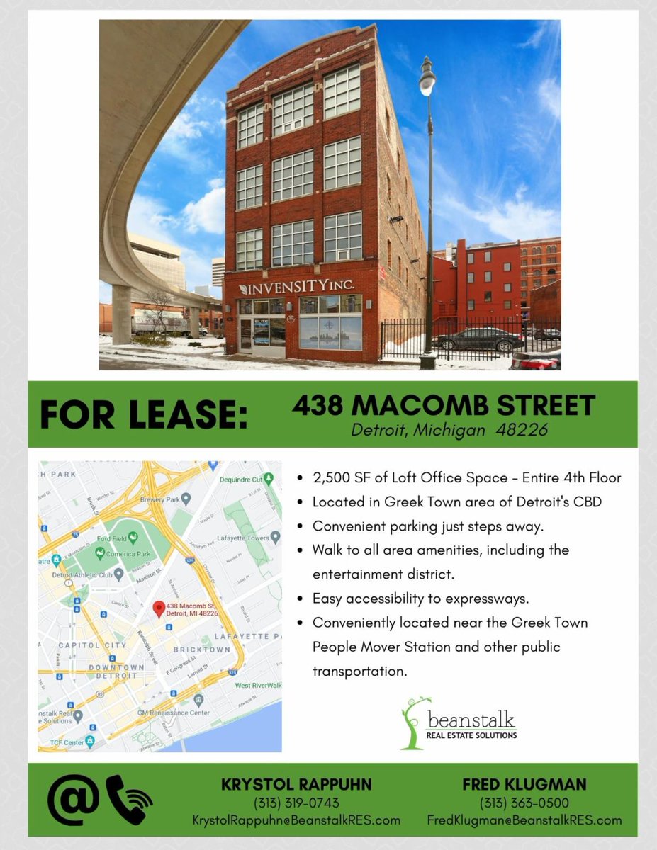 #MustSee - this beautiful loft office space that spans the entire 4th floor in #downtown #Detroit's #Greektown is available #ForLease! Details below. Call to schedule your tour today. #CRE #RealEstate