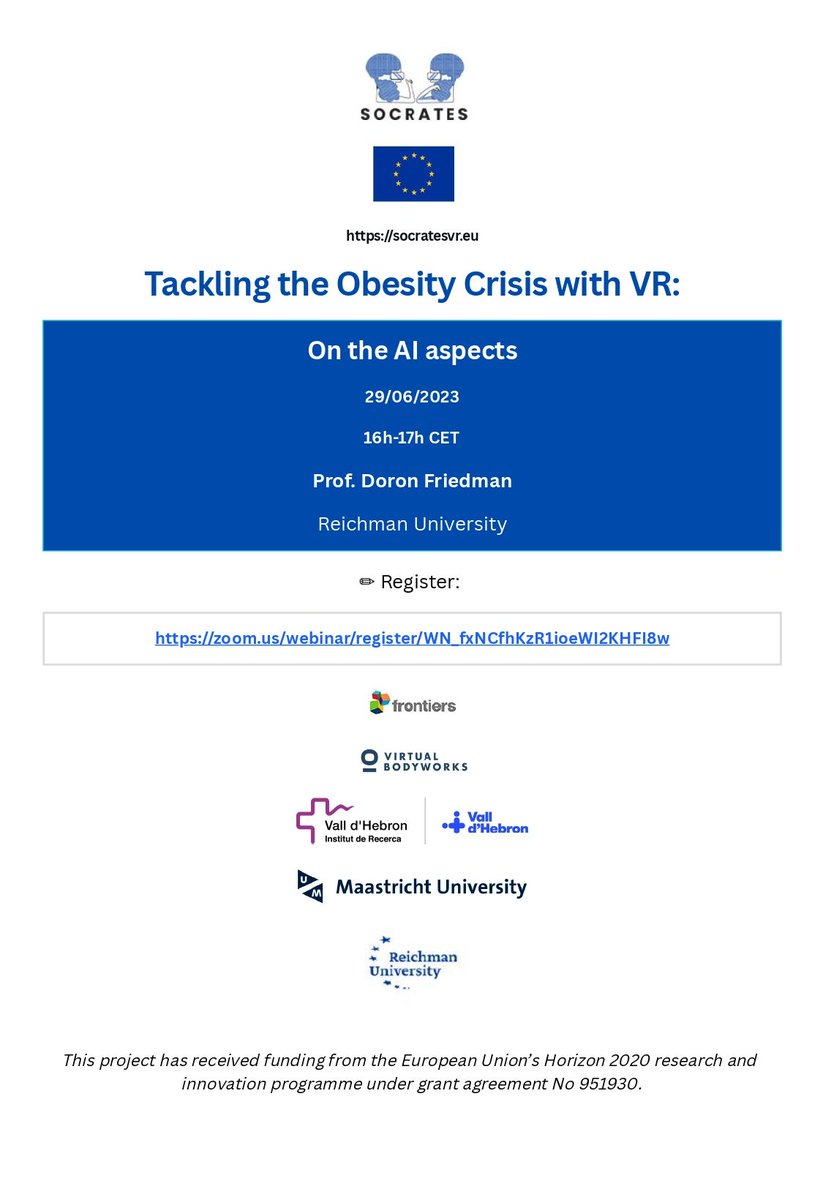 Frontiers &amp; Reichman University: 6th talk  ---> 29/06/2023 16-17h CET online
Register: socratesvr.eu/frontiers-reic…
<a href="/FrontiersIn/">Frontiers</a> <a href="/FrontVR/">Frontiers in Virtual Reality</a> <a href="/ARLReichmanUni/">Advanced Reality Lab Reichman University</a>