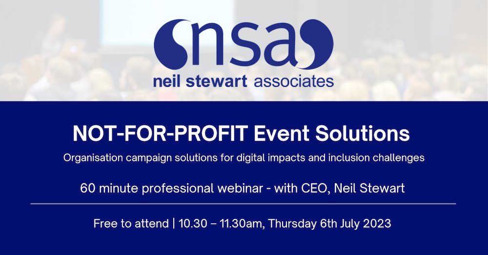 Register for our webinar with <a href="/NeilStewart_/">Neil Stewart</a> CEO, <a href="/PublicPolicyNSA/">NSA Public Policy</a>
  
Not-for-profit: Event solutions 10.30 - 11.30am, Thursday 6 July

Register free here: eventbrite.co.uk/e/not-for-prof…