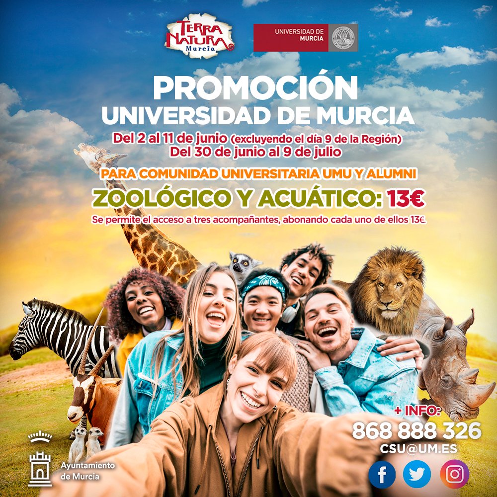Centro Social UMU (@centrosocialumu) on Twitter photo 🦁PLANAZO UMU- TERRA NATURA MURCIA 🦒
Los días 30 de junio al 9 de julio nuestra comunidad <a href="/UMU/">Universidad Murcia</a> y <a href="/alumni/">Alexandra Bouwmeester</a> tiene descuento para disfrutar de acuático y ZOO en <a href="/TerraNaturaMur/">Terra Natura Murcia</a> !
Solo tienes que acudir a taquilla con tu carnet <a href="/UMU/">Universidad Murcia</a>
¡feliz verano! 🌞
<a href="/estudiantesumu/">EstudiantesUMU</a> 🦁PLANAZO UMU- TERRA NATURA MURCIA 🦒
Los días 30 de junio al 9 de julio nuestra comunidad <a href="/UMU/">Universidad Murcia</a> y <a href="/alumni/">Alexandra Bouwmeester</a> tiene descuento para disfrutar de acuático y ZOO en <a href="/TerraNaturaMur/">Terra Natura Murcia</a> !
Solo tienes que acudir a taquilla con tu carnet <a href="/UMU/">Universidad Murcia</a>
¡feliz verano! 🌞
<a href="/estudiantesumu/">EstudiantesUMU</a>