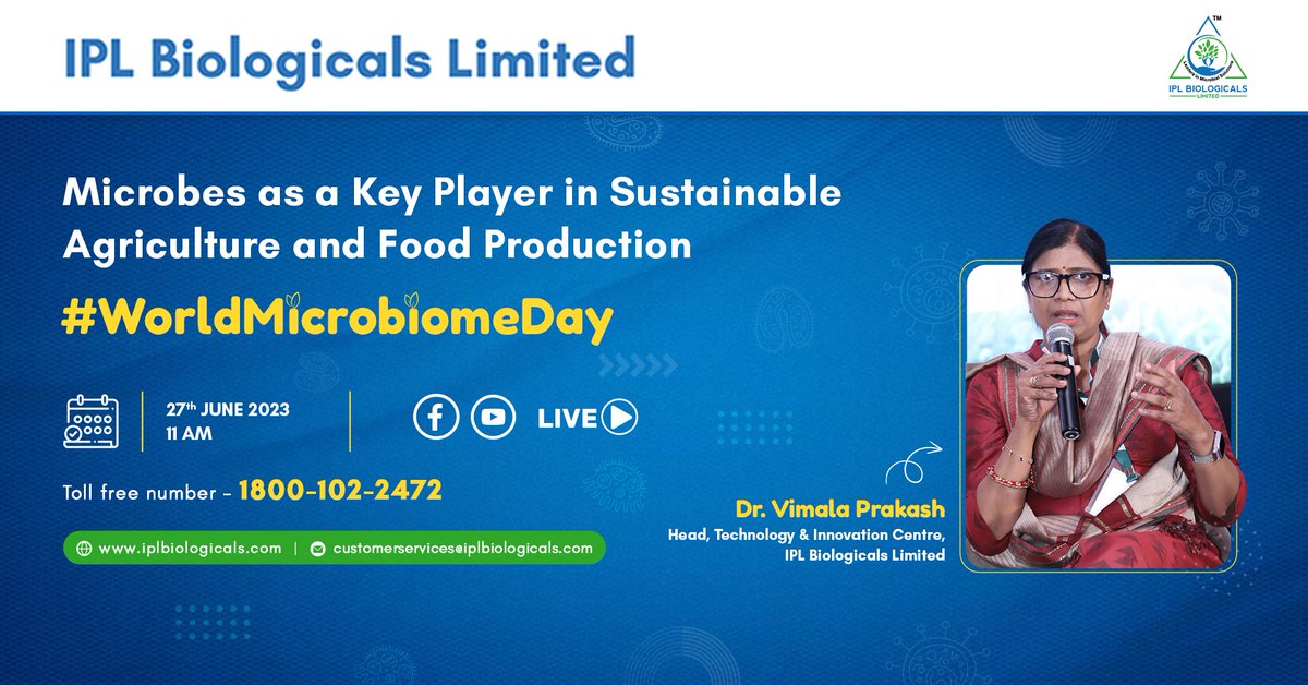IPLBiologicals's tweet image. Dr. Vimala Prakash will guide us on an insightful journey, shedding light on the significance of microbes in fostering sustainable agriculture and sharing the latest advancements in microbial research. fb.me/e/1jlrGpSqm

#WorldMicrobiomeDay #SustainableAgriculture  #Webinar