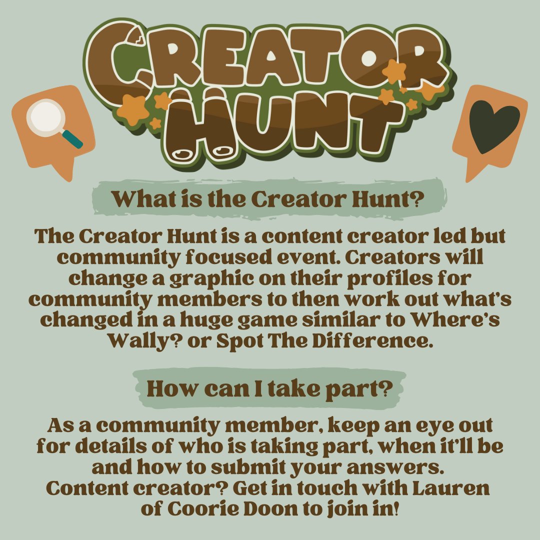 cooriedoon_'s tweet photo. ✨ Introducing CREATOR HUNT! ✨

A brand new event for ANY content creator &amp; EVERY community member. Put your sleuthing skills to the test for the chance to win.

More info coming soon with event starting early July!

Ccontent creators sign up here: https://t.co/jFb2UHuxMv https://t.co/eb8W6XiQVh