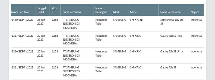 Samsung Galaxy Tab S9 series

All of them have entered the certification of the Indonesian Ministry of Communication and Information Technology. 🔥