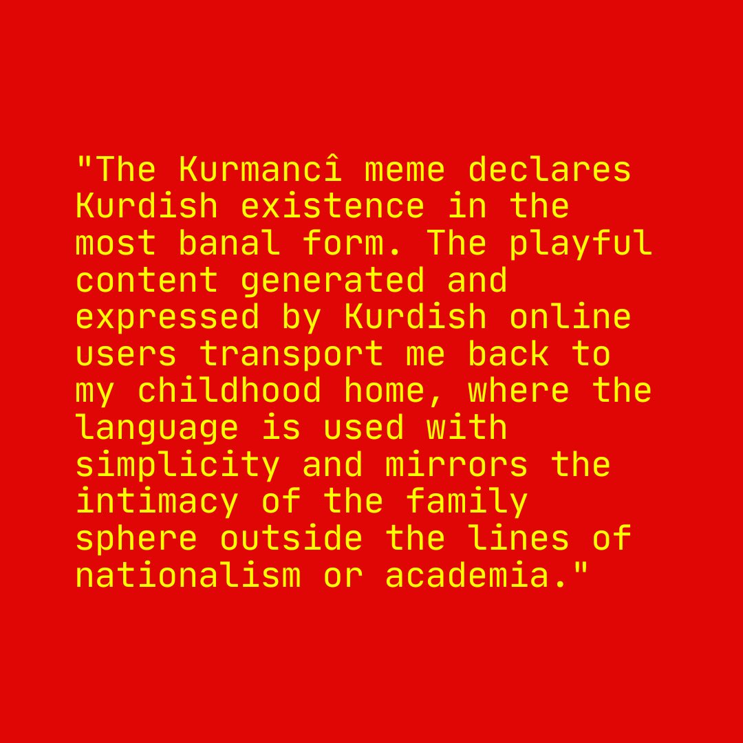 NEW BLOG POST
by Rojda Yavuz

In this piece, Rojda provides a snapshot into the intersections of language repression, nationhood and media through Kurmancî memes and their role as a incubator and representation of everyday language

read here:

memestudiesrn.wordpress.com/2023/06/26/mem…