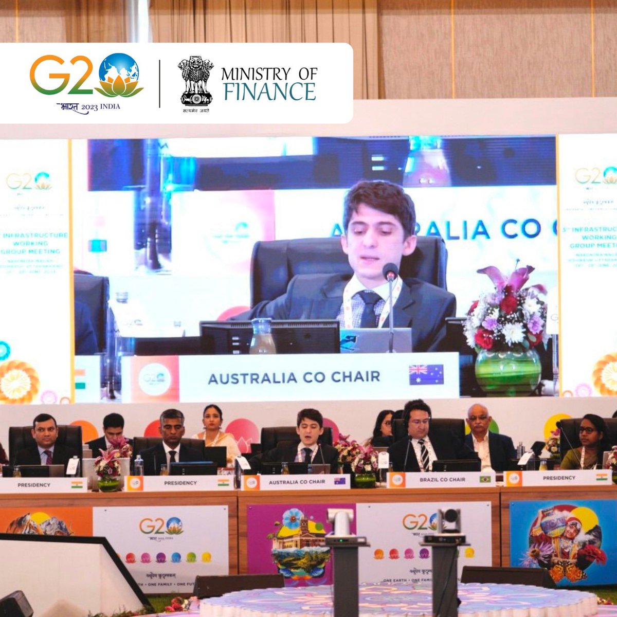 FinMinIndia's tweet photo. Day 1️⃣ at the 3rd Infrastructure Working Group #IWG meeting under #G20India Presidency and co-chaired by Australia, invited delegates to share new ideas and suggestions towards ‘Principles on Financing Cities of Tomorrow: Inclusive, Resilient and Sustainable’.

@g20org https://t.co/75JsHKaNP3