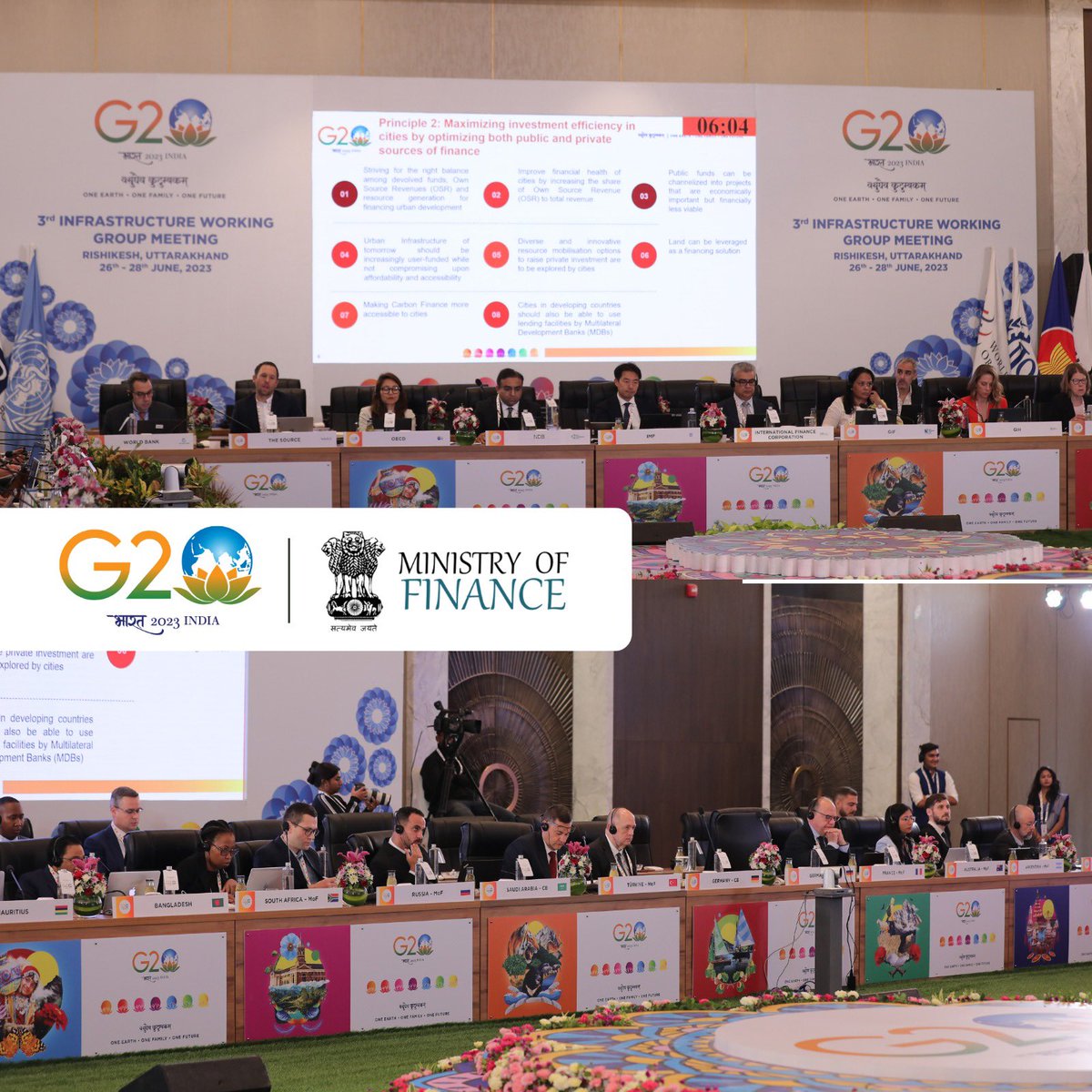 FinMinIndia's tweet photo. Day 1️⃣ at the 3rd Infrastructure Working Group #IWG meeting under #G20India Presidency and co-chaired by Australia, invited delegates to share new ideas and suggestions towards ‘Principles on Financing Cities of Tomorrow: Inclusive, Resilient and Sustainable’.

@g20org https://t.co/75JsHKaNP3