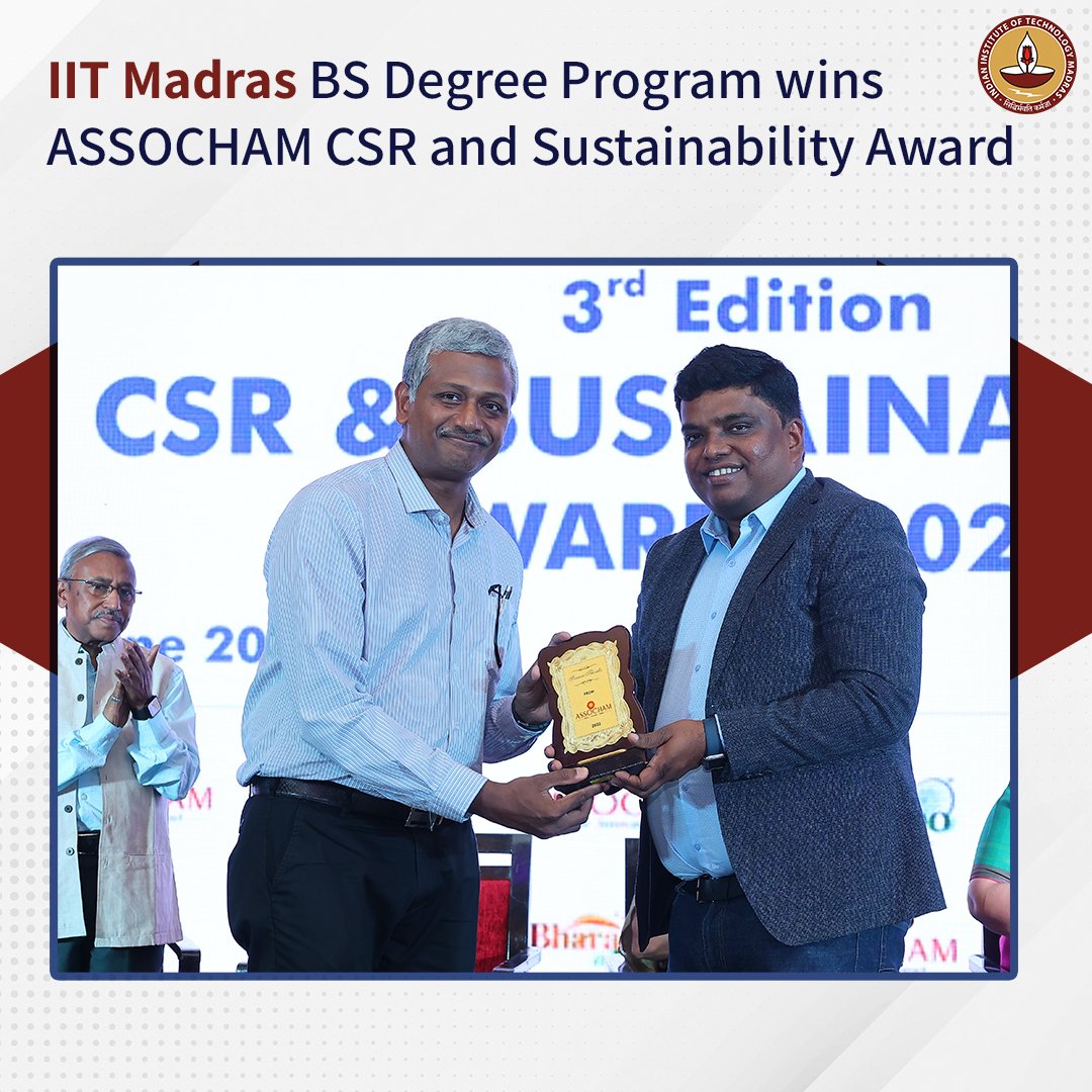 iitmadras's tweet photo. @iitmadras BS Degree Program has won ASSOCHAM CSR &amp; Sustainability Award for Excellence in supporting Education and Skill, 2022. Award was presented by TN's Hon. ministers for Environment &amp; Climate Change Thiru Siva V Meyyanathan &amp; School Education Thiru Anbil Mahesh Poyyamozhi. https://t.co/HcyOxximK9