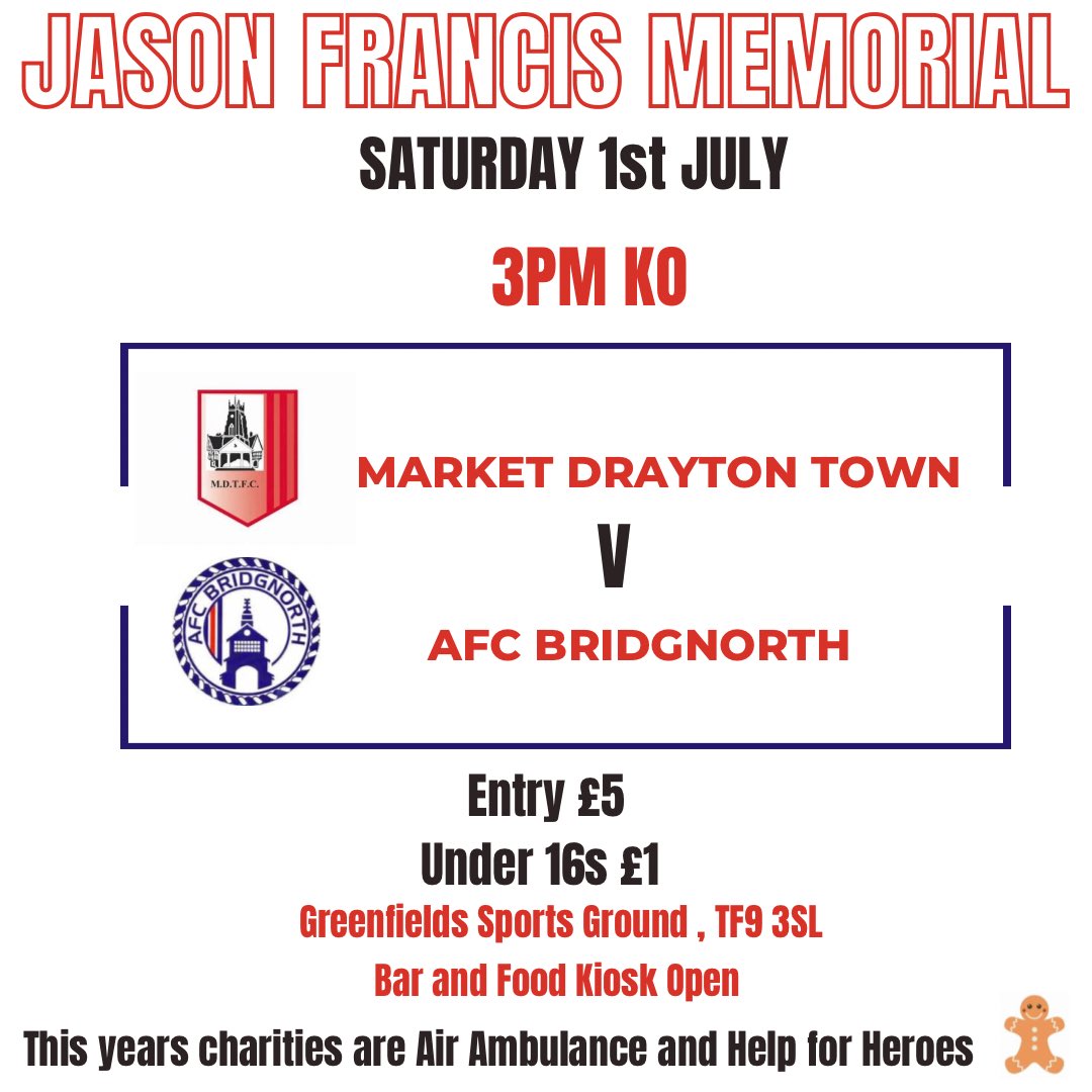 This Saturday we host the Jason Francis memorial game against AFC Bridgnorth

3pm Kickoff at Greenfields. 

Charities this year are the Air Ambulance and Help for Heroes 

Gate Entry £5
Under 16s £1