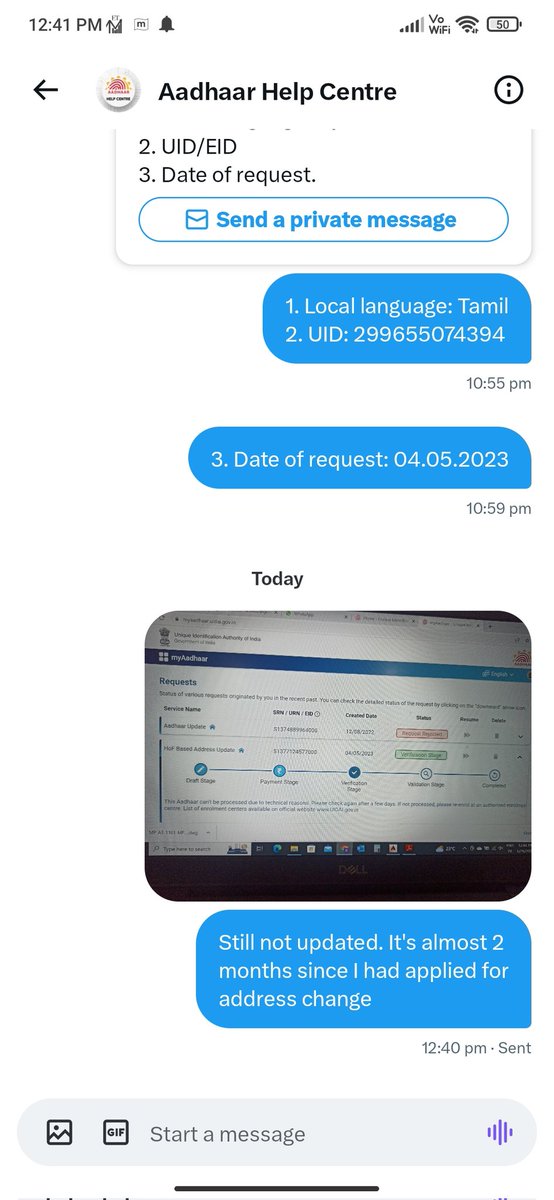 arbala2tpt's tweet photo. @UIDAI @ceo_uidai @UIDAIBengaluru @AshwiniVaishnaw @Rajeev_GoI @Aadhaar_Care It's almost 2 months from the date I had applied for address change. Can this be done immediately pls https://t.co/qONDOwOyIy