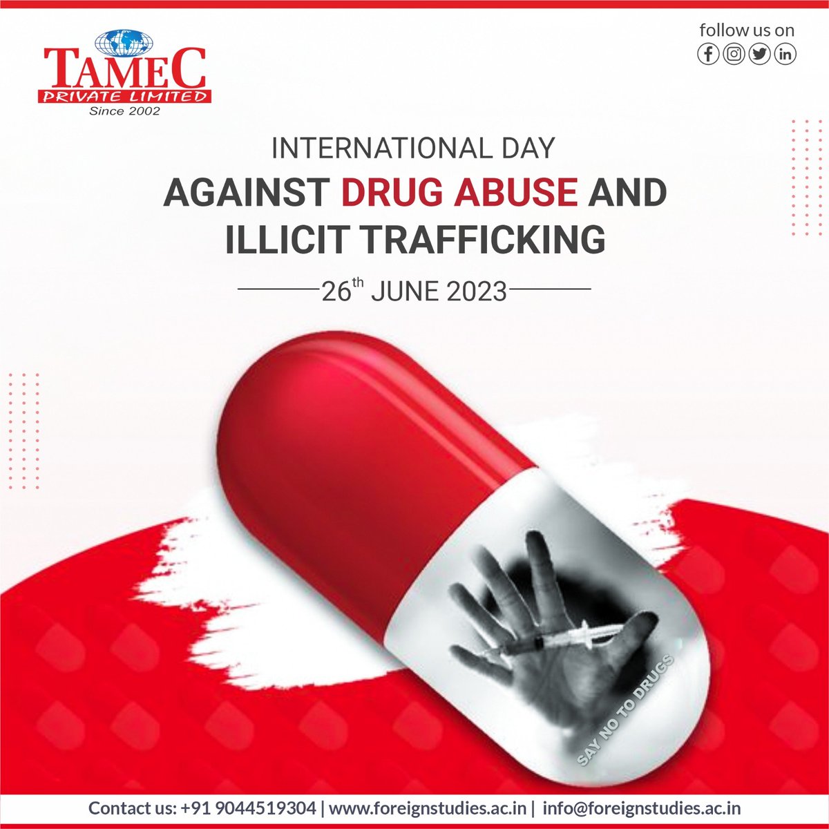 🚫 Take a Stand on International Day Against Drug Abuse and Illicit Trafficking! Educate, Advocate, and Create Awareness! 🌍
#DrugAbuseAwareness #SayNoToDrugs #EndDrugTrafficking #InternationalDayAgainstDrugAbuse #DrugFreeWorld #SubstanceAbusePrevention #TamecPrivateLimited