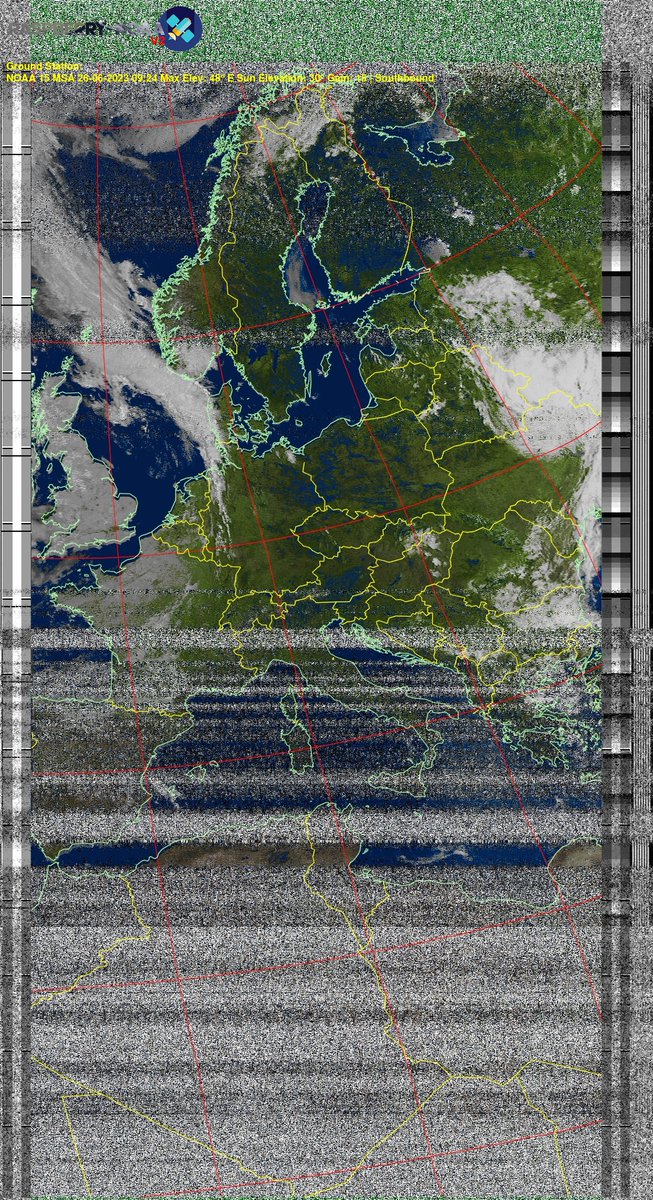 DELESTRENicola2's tweet photo. π«π· NOAA 15 26-06-2023 09:07 Max Elev: 48Β° E Sun Elevation: 30Β° Gain: 15 | Southbound
#NOAA #NOAA15 #NOAA18 #NOAA19 #MeteorM2 #weather #weathersats #APT #LRPT #wxtoimg #MeteorDemod #rtlsdr #gpredict #raspberrypi #france #ISS https://t.co/nKYM23kBEN