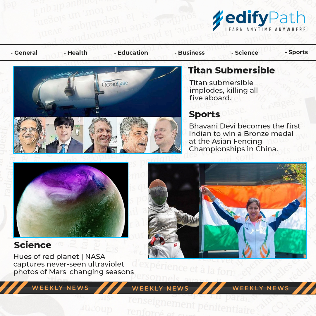 Edify Headlines: Weekly News Updates
.
.
.
.
#weeklynews #newspaper #Titanic #Titan #submarine #SUBMERSIBLE #BhavaniDevi #asiafencingchampionship #fencing #NASA #Mars