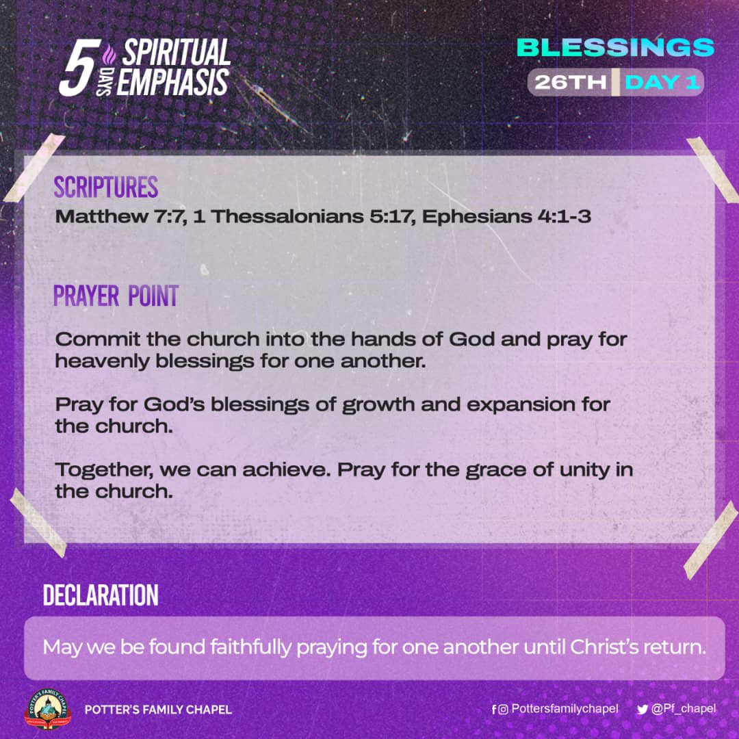 PF_chapel's tweet photo. The blessing of the Lord is a supernatural force that amplifies your efforts and capacity. Good morning 
#Day1of5
#FastingandPrayers
#MonthofBlessings
#ProphetAlexArmstrong
#PottersFamilyChapel
#UNTIL1DAY https://t.co/cupyFnJSIp
