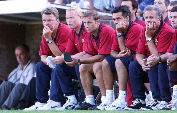 Barcelona's bench in 1999 featuring Louis van Gaal, Ronald Koeman and Jose Mourinho.