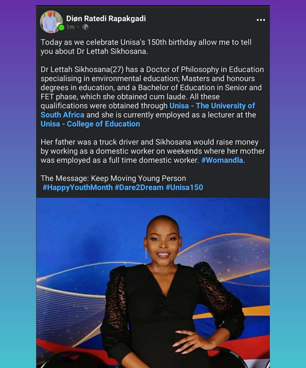Today as we celebrate Unisa's 150th birthday allow me to tell you about Dr Lettah Sikhosana🙌 #Womandla @SikhosanaLettah #Unisa150 @unisa