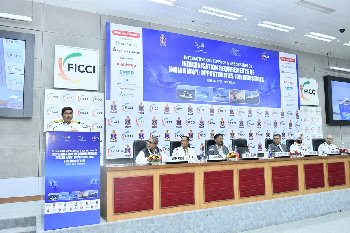 ficci_india's tweet photo. Indian Navy has taken the lead and set up a co-development Technology Innovation Centre at IIT Hyderabad with an aim to provide a platform for the development of cutting-edge technology-based maritime defence projects: Vice Admiral Sandeep Naithani, Chief of Materiel, Indian Navy at the Interactive Conference & B2B Session on Indigenisation Requirements of Indian Navy.