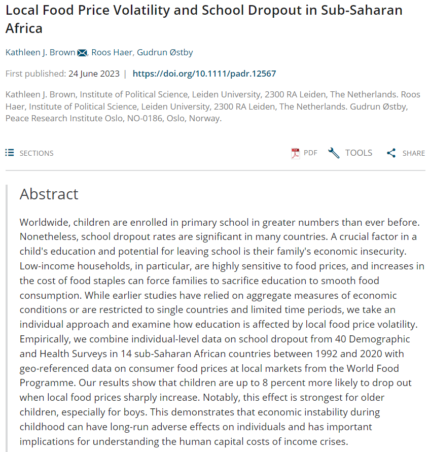 Kathleen (Katie) Brown (@k_j_brown_) on Twitter photo How do food price shocks affect educational attainment across Africa?
New article with @HaerRoos and <a href="/GudrunOstby/">Gudrun Østby</a> is out #OpenAccess in Population and Development Review @PopCouncil!
A quick 🧵 (1/6)
onlinelibrary.wiley.com/doi/full/10.11… How do food price shocks affect educational attainment across Africa?
New article with @HaerRoos and <a href="/GudrunOstby/">Gudrun Østby</a> is out #OpenAccess in Population and Development Review @PopCouncil!
A quick 🧵 (1/6)
onlinelibrary.wiley.com/doi/full/10.11…
