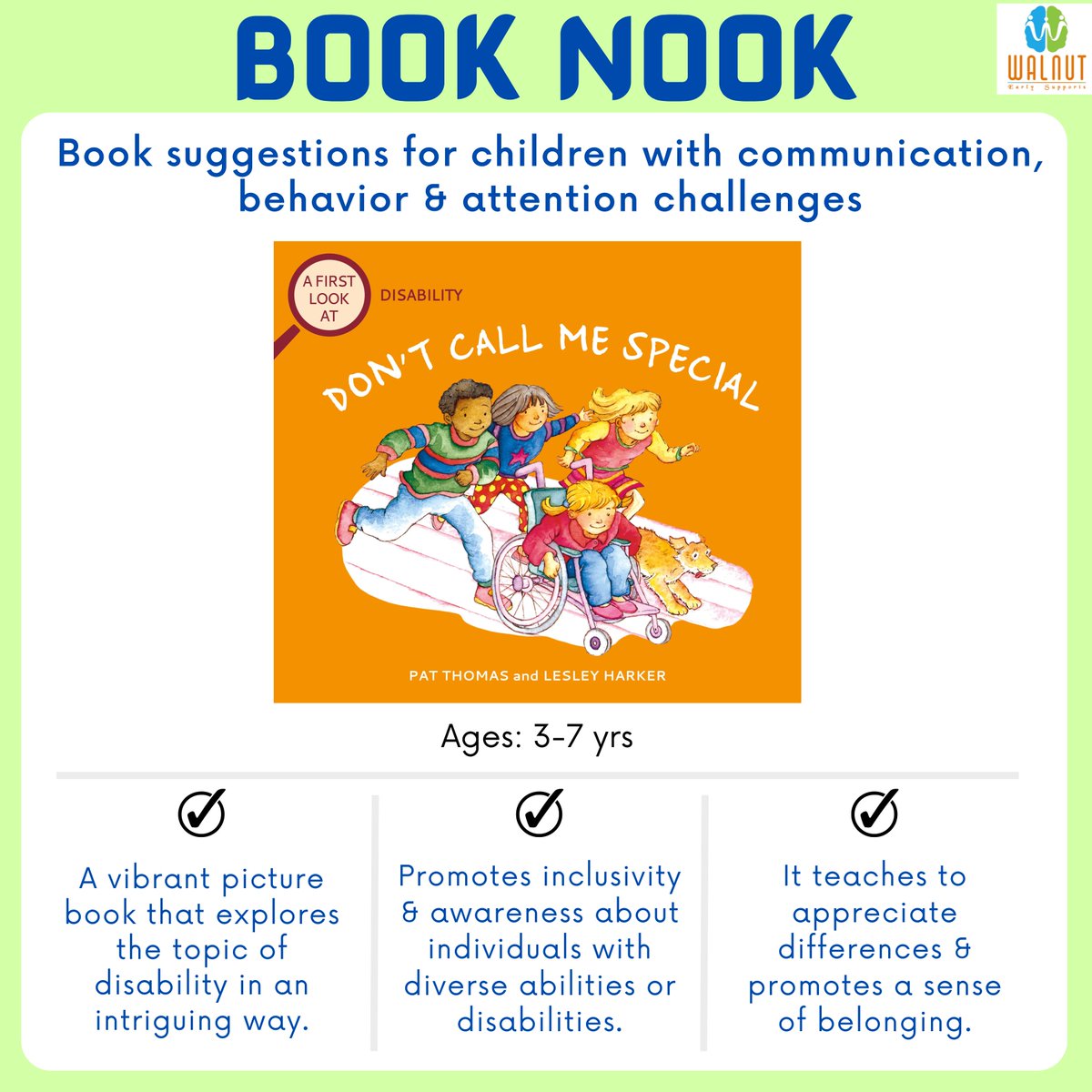 walnut4therapy's tweet photo. "Don't call me special", is a remarkable book that serves an inspiring example of beauty &amp; potential of special kids, reminding us that they are not defined by their challenges, but rather by their incredible abilities✨ #specialkids #booknook #parentkid #languagedevelopment https://t.co/8e8HBmzLqL