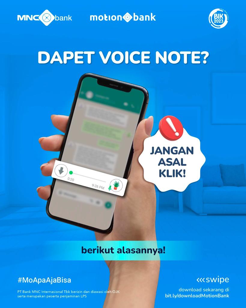 SeputariNews's tweet photo. ASAL KLIK, SALDO RESIK!
Gak mau kan uang simpanan tiba-tiba ludes gara-gara asal klik?
Yuk, selalu waspada terhadap beragam modus kejahatan keuangan!
☎️ 1500188 | https://t.co/y2PYH4oBdU
#MNCBank #trulyyou #MotionBank #FutureBankingHere https://t.co/frWUlBLSCj