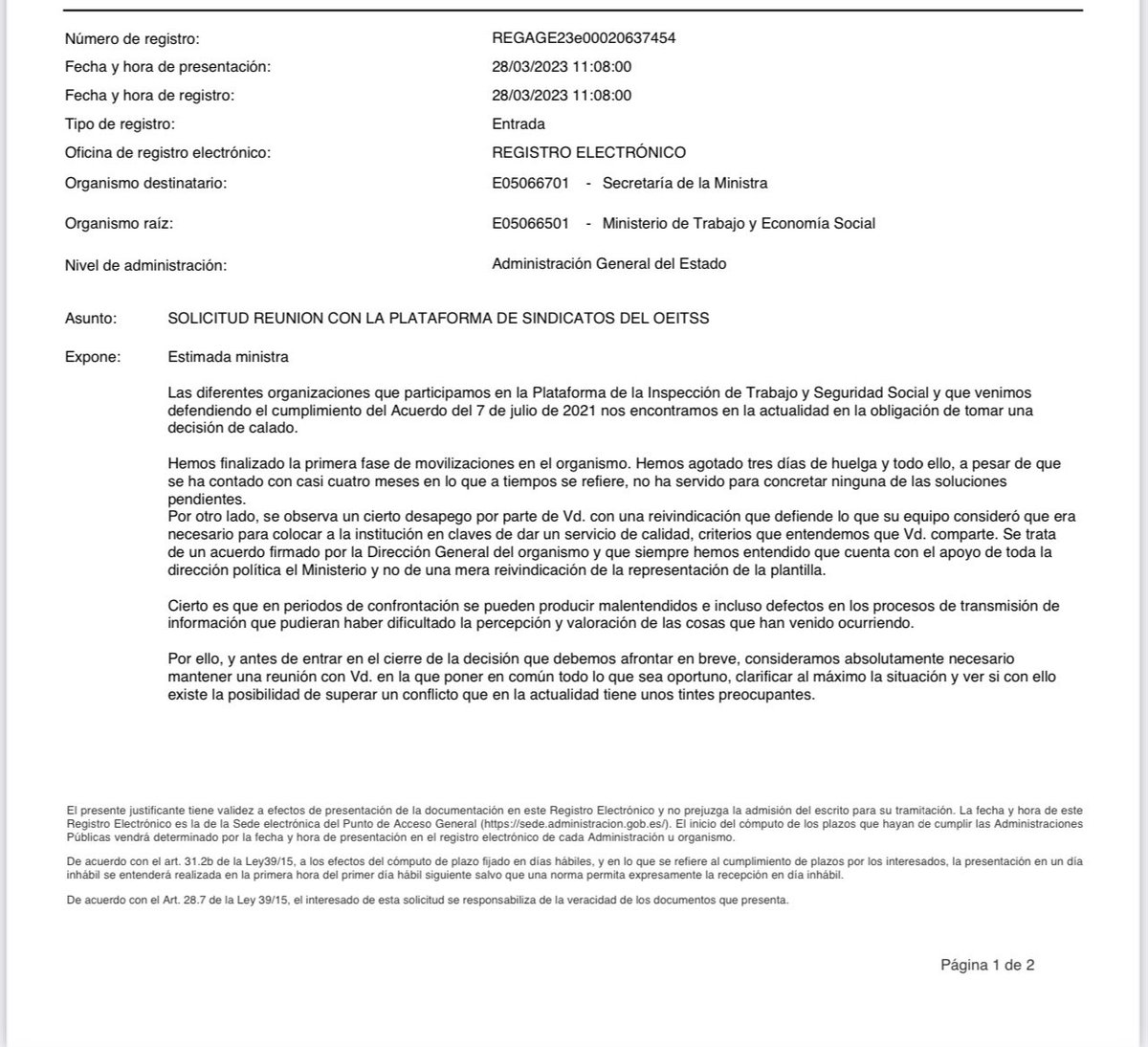 Hoy comenzamos la huelga indefinida en la Inspección de Trabajo. 

El día 28 de marzo de 2023 pedimos una reunión con <a href="/Yolanda_Diaz_/">Yolanda Díaz</a> , pero no nos contestó. 

Esperamos que nos reciba hoy en <a href="/empleogob/">Ministerio Trabajo y Economía Social</a> para poner fin al conflicto de la Inspección de Trabajo.