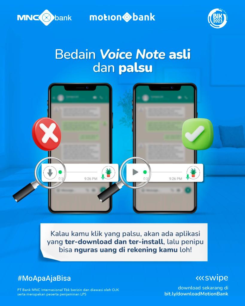 officialinews_'s tweet photo. ASAL KLIK, SALDO RESIK!
Gak mau kan uang simpanan tiba-tiba ludes gara-gara asal klik?
Yuk, selalu waspada terhadap beragam modus kejahatan keuangan!
☎️ 1500188 | https://t.co/gMSDO0GFgW
#MNCBank #trulyyou #MotionBank #FutureBankingHere https://t.co/Ob1E5vi4dy