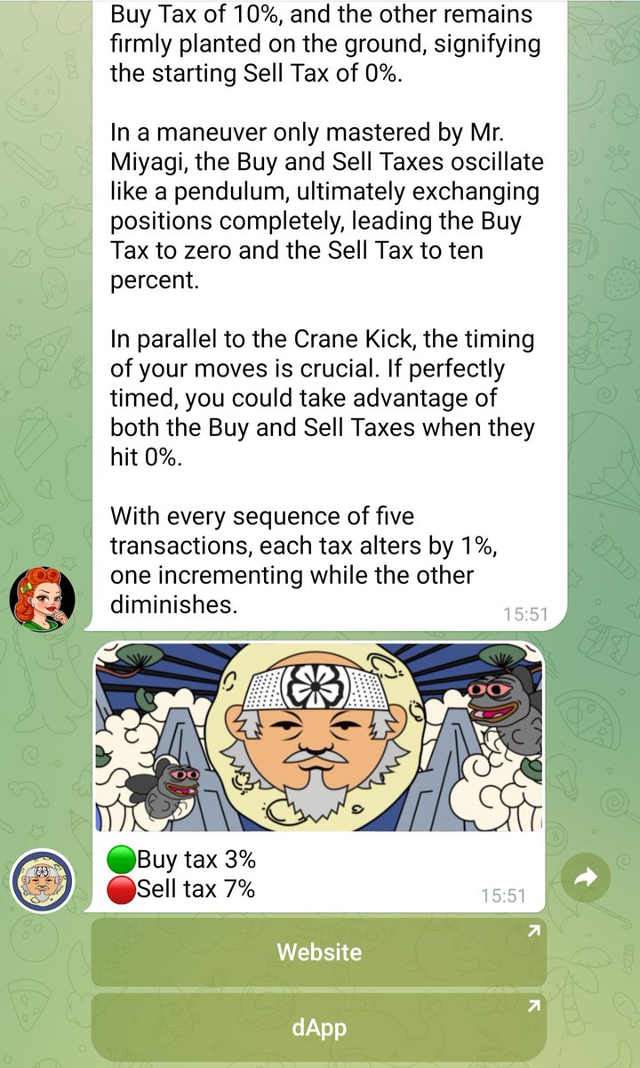Have you heard of $MIYAGI tax bot?

Our dev has been working hard on features for our community.

If you're familiar with our taxing structure you'll know that keeping up on taxes is important. 

That's why we've implemented our new tax bot! 

Type /tax for into!
#cryptotwi