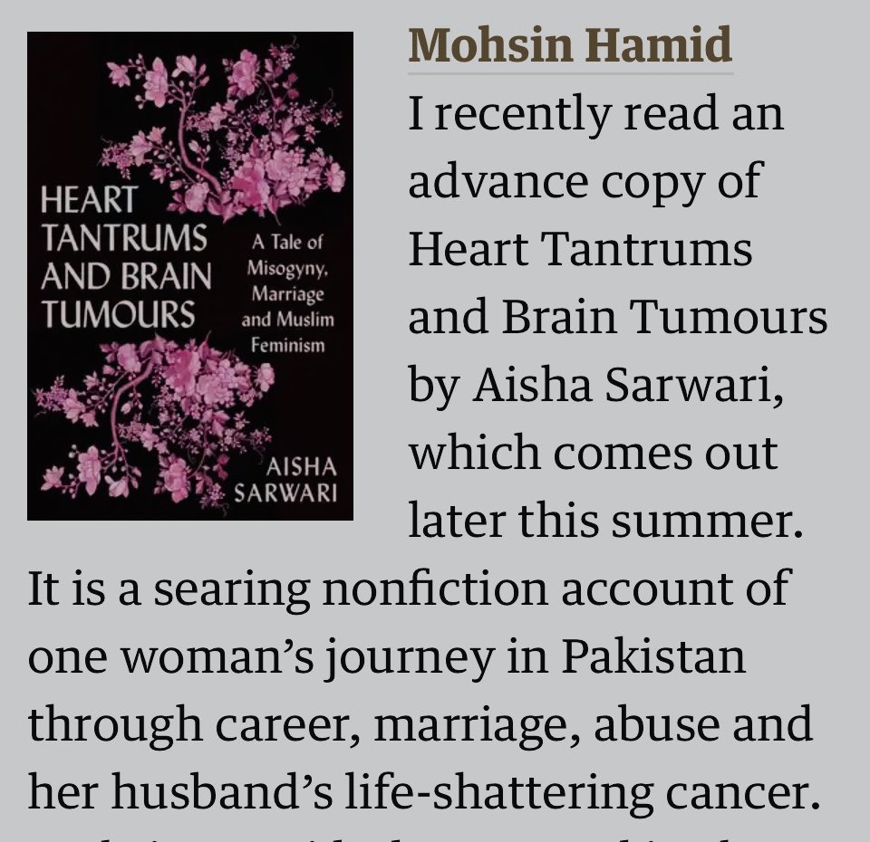 Early praise for #HeartTantrums the debut book by Aisha Sarwari from #MohsinHamid The book will be published in August in India. ⁦@PenguinIndia⁩ ⁦@eliofkottayam⁩ ⁦@SundayGuardian⁩ ⁦@AishaFSarwari⁩ ⁦@kan_writersside⁩ ⁦@MikeDwyerMike⁩