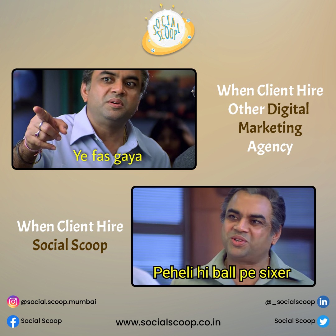 'When the client hires another agency: Ye fas gaya.
When the client hires Social Scoop: Pehle hi ball mein sixer! 🏏💥'

#socialscoop #digitalmarketing #ghatkopar #digitalmarketingsuccess #socialmediachamps #digitalmarketingagency #meme #digitalmarketingtrends #mumbai