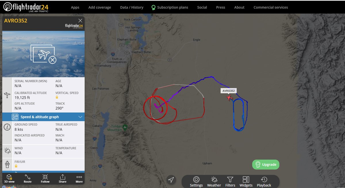 RAeSTimR's tweet photo. Heads up #HAPS or mystery experimental aircraft fans - 'something' airborne over New Mexico with AVRO352 callsign. Slow speed and reached 65k before dropping to 18k ft now- BAE Systems PHASA 35 out on a test flight? #avgeek #drones    https://t.co/4OfX2TssNs https://t.co/KIM3Fvhw6i