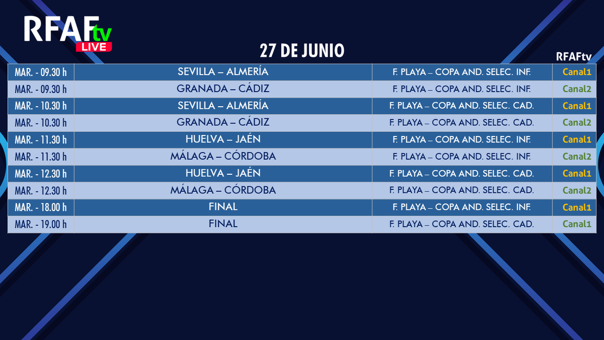 🏖️Fútbol Playa

📍Continúa el #FútbolPlayaRFAF en #LosPedroches. No te pierdas hoy y mañana:

🏆 #AndaluzInfantilFP
🏆 #AndaluzCadeteFP

⏰Todos los horarios👉bit.ly/CompeticionesR…

📺En directo #RFAFtv
📍Partidos <a href="/AytoAlcaracejos/">AYTO. ALCARACEJOS</a>  👉 RFAFtv 1
📍Partidos <a href="/aytoelviso/">Ayuntamiento de El Viso</a> 👉 RFAFtv 2