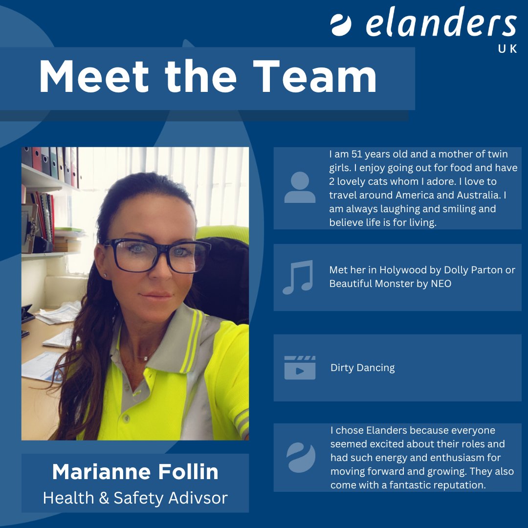 Meet the team!
Health &amp; Safety Advisor, Marianne Follin.

Marianne served in the Army and did close protection for the Saudi Royal Family in her younger years, later choosing to pursue a career in H&amp;S.🦺💪

As a newer team member at Elanders UK, Marianne describes herself and why