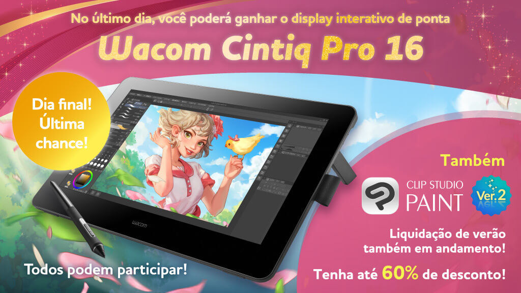 No último dia sortearemos um display interativo Wacom Cintiq Pro 16! Basta nos seguir e retweetar este post. Todos podem participar quantas vezes quiserem! E temos desconto de até 60% na liquidação de verão!
clipstudio.net/promotion/give…