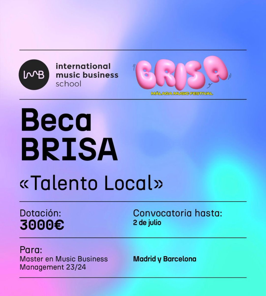 💡¿Tienes un plan para visibilizar el talento emergente de Málaga? 
#BrisaFestival2023 y el <a href="/IMBSchool/">Elicia Samuel</a> crean la Beca BRISA Talento Local. 

🤑3.000 euros para estudiar el Máster en Music Business Management. ¡La mejor idea ganará! 

🎈Consulta + info en: brisafestival.com/brisa-studio/b…