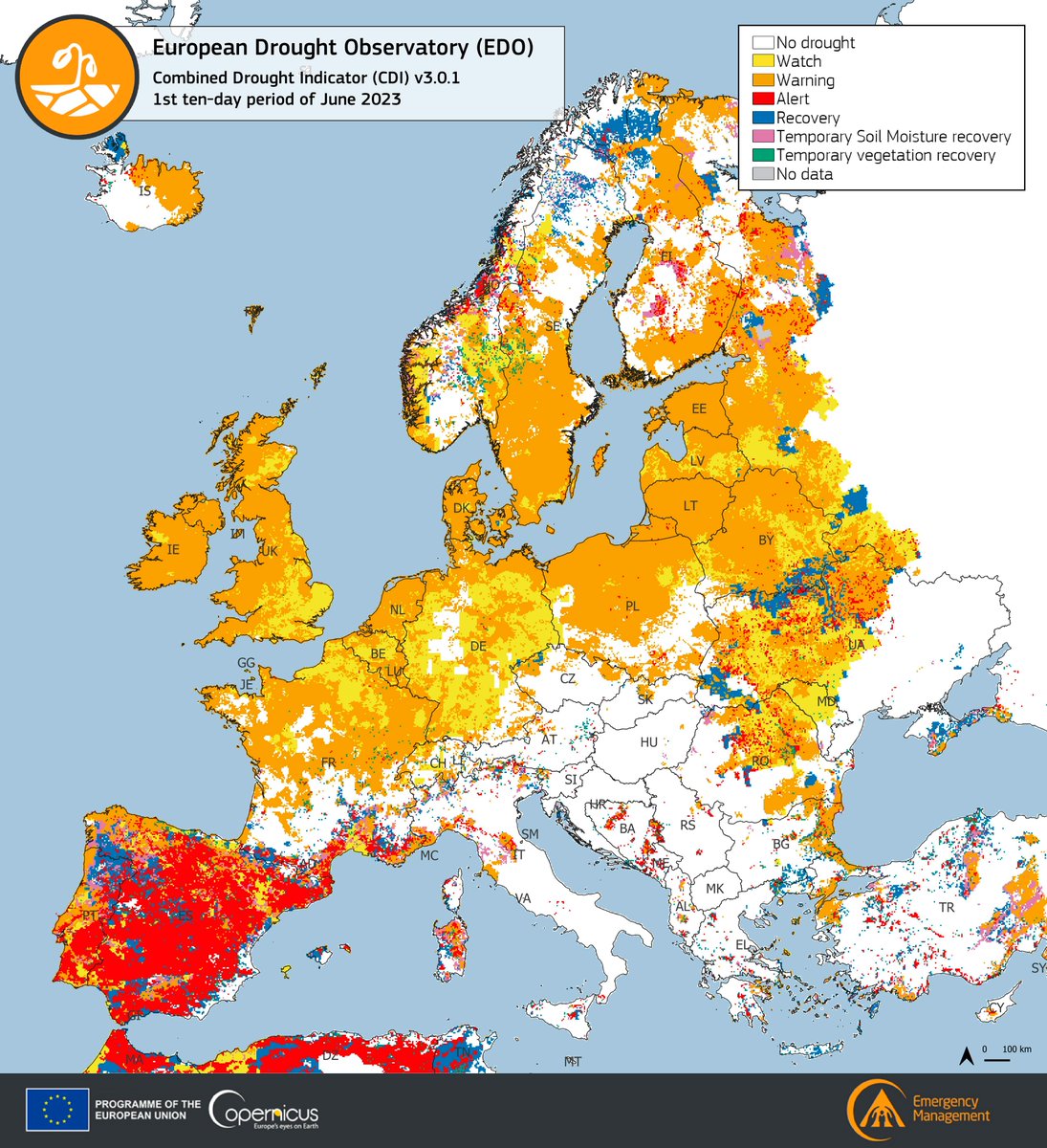 According to our European Drought Observatory #EDO CDI, in the 1st 10-day period of June:

▶️The Iberian Peninsula continued to be the area most affected by #drought🚱

🟠3⃣7⃣.3⃣% of the EU-27 territory in Warning conditions (+10.4%❗️)
🔴1⃣0⃣.2⃣% in Alert conditions (+0.2%)