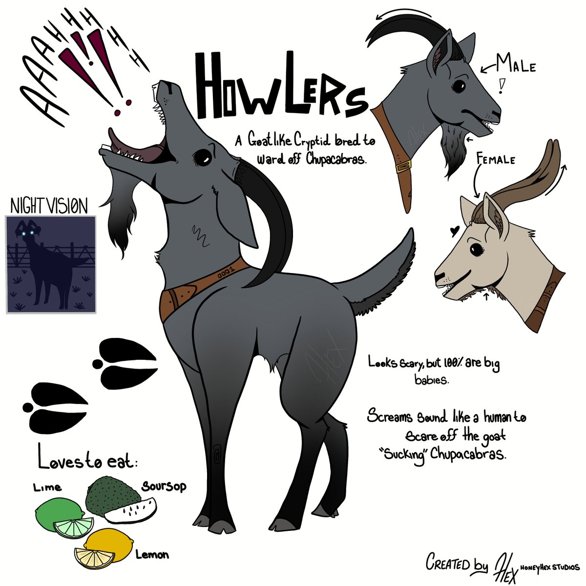 This is my lil goat man; a goat-like creature/cryptid that is bred to be used to protect livestock (primarily goats) from Chupacabras! (my species) 

I'm sure something like this exists somewhere but this is my interpretation.