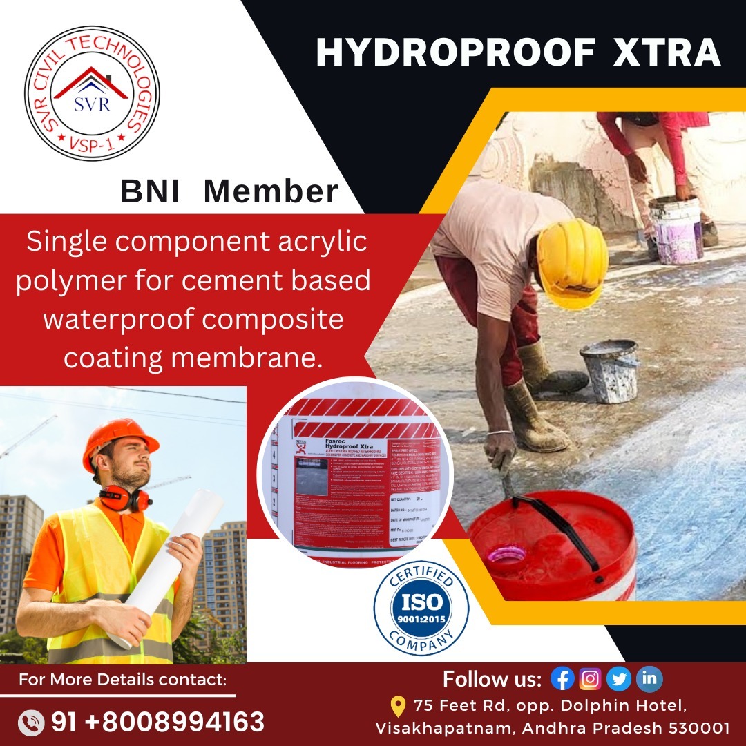 HYDROPROOF XTRA
BNI MEMBER

Single component acrylic polymer for cement based waterproof composite coating membrane 

Contact us: +91 8008994163
Visit Us: - svrciviltechnologies.com'

#waterproofingbasementwallsfrominside #waterproofingcoating #wallwaterproofing